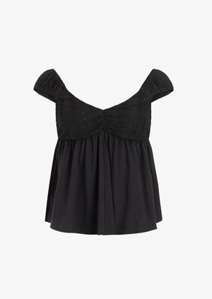 Zwarte off-shoulder blouse met korte mouwen, kanten detail aan de bovenkant en een losse, luchtige onderste gedeelte.