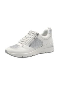 Sneakers atletici bianchi con tomaia in pelle liscia e mesh, dettagli grigi, chiusura con lacci e una cerniera decorativa laterale.