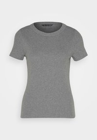 Grå t-shirt med kort ärm, tillverkad av slät bomullsmaterial. Den har en rund halsringning och en figurnära passform. En enkel och mångsidig design.