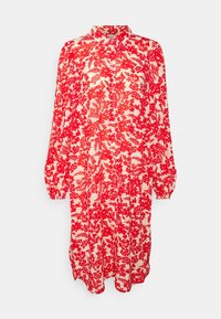 Robe à manches longues en tissu crème avec un motif floral rouge vif, dotée d'un col et d'une fermeture à boutons sur le devant, avec une coupe décontractée et des poignets élastiqués.