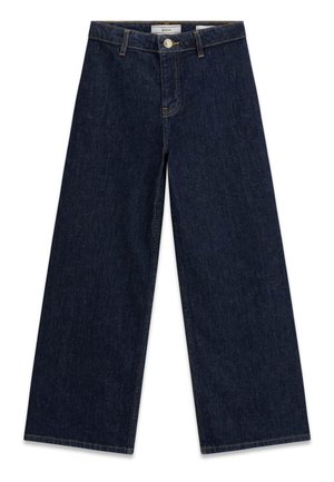 Mørkeblå vidde ranglejeans med frontknap og bæltestropper, lagt fladt på en hvid baggrund.