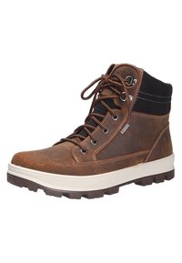 Bottes de randonnée en cuir marron avec un col en tissu noir, oeillets en métal et lacets marron. Présente une semelle intermédiaire blanche et une semelle extérieure en caoutchouc texturé.