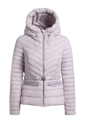 Világoslila steppelt dzseki, magas galléros kapucnival, elülső cipzárral, állítható derékövvel és két cipzáras zsebbel a csípőnél.