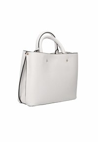 Borsa a tracolla in pelle bianca texture con un design strutturato, bordi neri, due manici superiori e due borchie decorative dorate sul davanti.