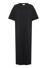 Czarna, luźna sukienka T-shirt z krótkimi rękawami, okrągłym dekoltem i prostym, nieozdobionym wzorem. Wykonana z miękkiego materiału.