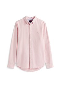 Camisa de manga larga a rayas rojas y blancas con cuello abotonado, que presenta un pequeño logo en el pecho y un dobladillo curvado.