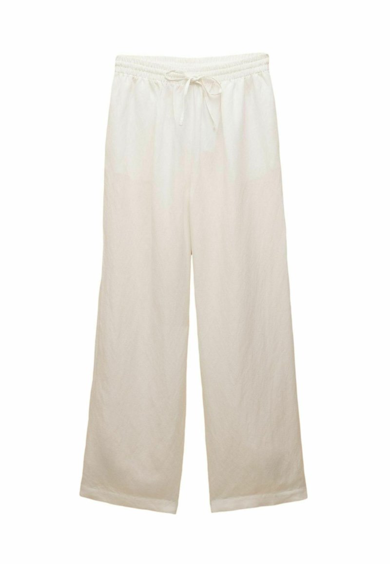 Ľahké krémovo sfarbené nohavice širokého strihu so elastickým pásom a šnúrkou na zaväzovanie. Hladký povrch, bez viditeľných vzorov alebo kovových prvkov.