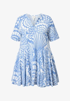 Robe à manches courtes bleu et blanc, coupe ample avec un motif abstrait rappelant des coquillages, dotée d'un décolleté en V et d'une jupe évasée.