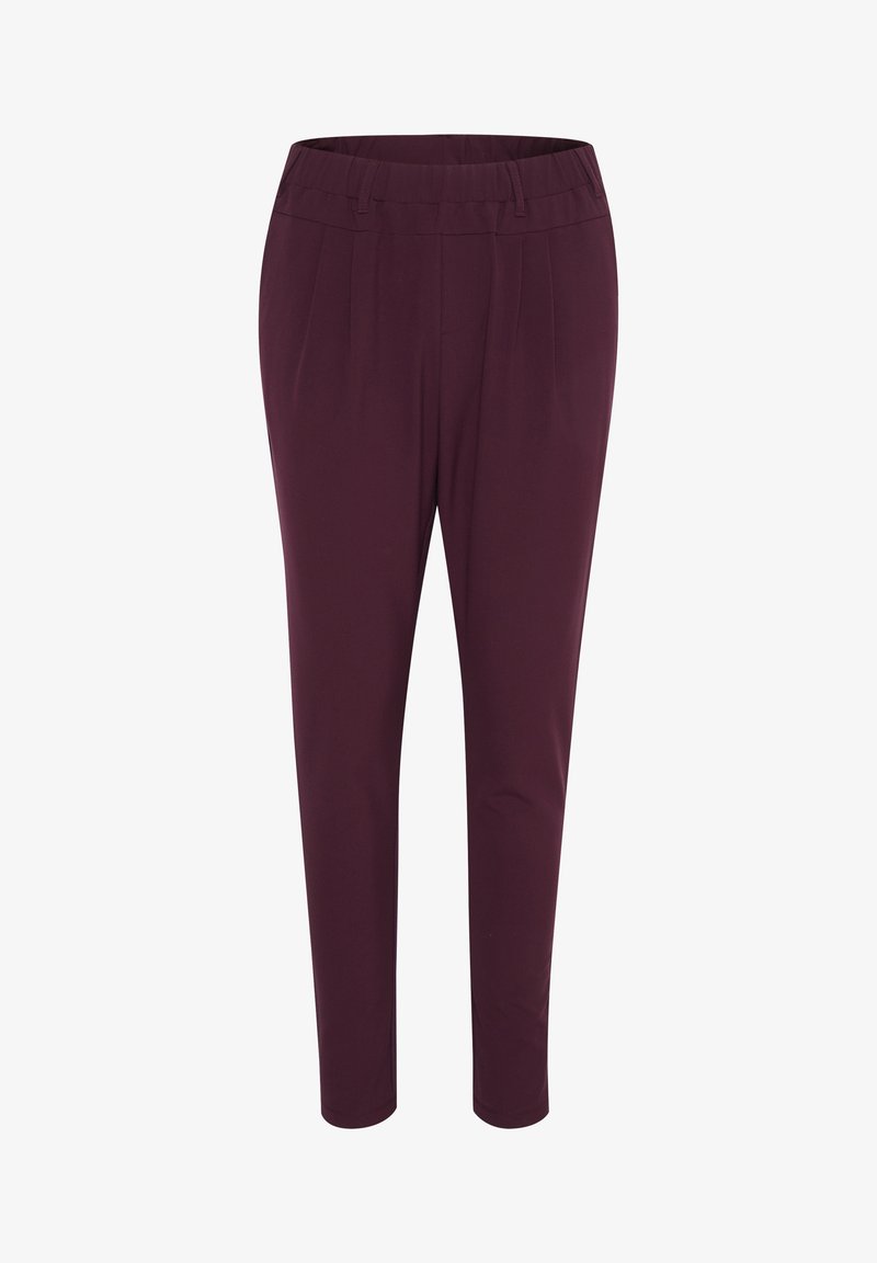 Pantalon prune taille haute à jambes fuselées, avec une ceinture élastique et des plis à l'avant, présenté sur un fond blanc.