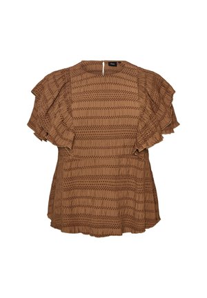 Zizzi, BLUSE MIT GESMOKTER TEXTUR UND RÜSCHENÄRMELN - Bluse - braun