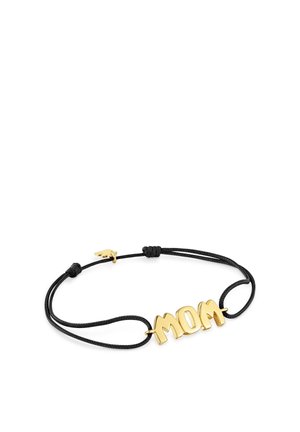 Pulsera de cordón ajustable negra con letras "MOM" en tono dorado como pieza central y pequeño charm dorado cerca del cierre.