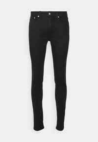 Jeans skinny noirs en denim au toucher lisse, dotés de cinq poches et d'une fermeture à bouton en métal. Design simple sans motifs.