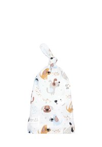 Torba z bawełny z węzłem na górze, z radosnym wzorem psów w kolorach brązowym, czarnym, szarym i niebieskim na białym tle.