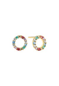 Goldene Creolen mit einem kreisförmigen Design, verziert mit mehrfarbigen Edelsteinen in Blau, Grün, Pink und klaren Farbtönen.