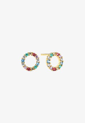 Boucles d'oreilles en or en forme de cercle, rehaussées de pierres précieuses multicolores dans des teintes bleu, vert, rose et transparent.