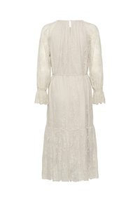 Robe midi en dentelle blanche avec manches longues bouffantes, taille cintrée, poignets à volants et fermeture boutonnée au dos.