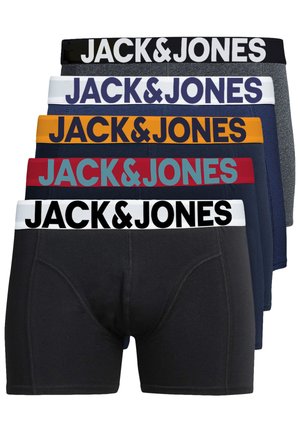 Five pairs of Jack & Jones boxer briefs featuring various colors: black, navy, gray, mustard, and burgundy, each with branded elastic waistbands.