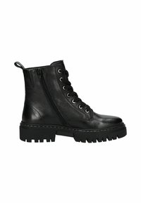 Botas de cuero negro hasta el tobillo con cremallera lateral, parte frontal con cordones, suela gruesa con ranuras y detalle de costura en contraste a lo largo de los bordes.