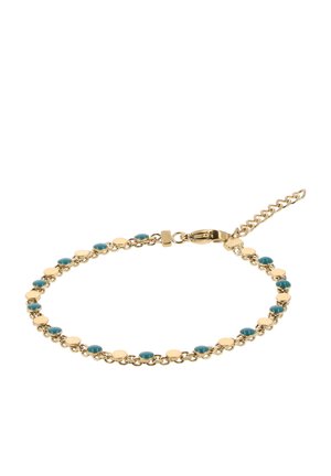 Brățară din lanț de aur cu zale mici rotunde albastre și aurii alternative și închizătoare de tip homar cu lungime reglabilă.