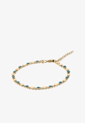 Arany lánckarkötő váltakozó kis kerek kék és arany szemes mintával, állítható hosszúságú homárkapoccsal.