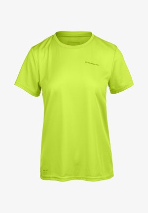 Bright lime green short-sleeve athletic shirt made of lightweight fabric. Features a crew neck and subtle branding on the chest.