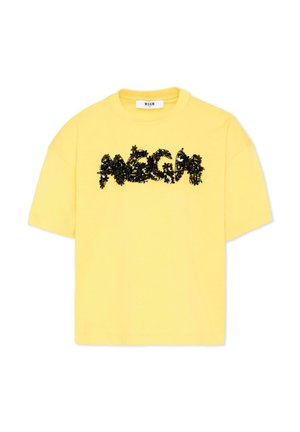 Żółta koszulka z krótkim rękawem z czarną kwiatową aplikacją tworzącą napis "MSGM" na biuście, okrągły dekolt i widoczna metka marki wewnątrz kołnierza.