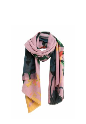 Floral pattern scarf featuring pink, green, and yellow hues. Made of soft fabric with fringed edges and a loose, draped design.