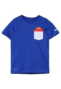 Blue cotton T-shirt featuring a white pocket with a printed orange basketball design. Short sleeves and "DRI-FIT" label at the hem.