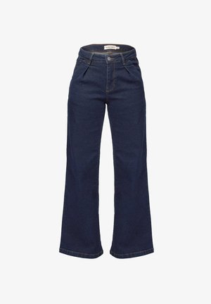 Weite Jeans aus dunkelblauem Denim. Mit hohem Bund, vorderen Falten, Knopfverschluss und klassischem Fünf-Taschen-Design mit kontrastierenden Nähten.