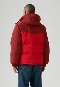 Uomo che indossa una giacca a vento bicolore rossa con cappuccio, in piedi di spalle, e jeans blu su uno sfondo chiaro e uniforme.