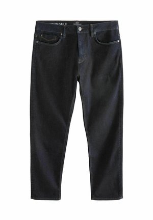 Ciemnoniebieskie dżinsy z prostą nogawką, kontrastowe przeszycia, dwie przednie kieszenie oraz zapięcie na guzik w talii.