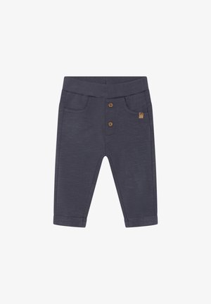 Pantalon gris en coton pour tout-petit avec une ceinture douce, deux poches avant et une fermeture à trois boutons. Ourlets retroussés et détail de texture subtil.