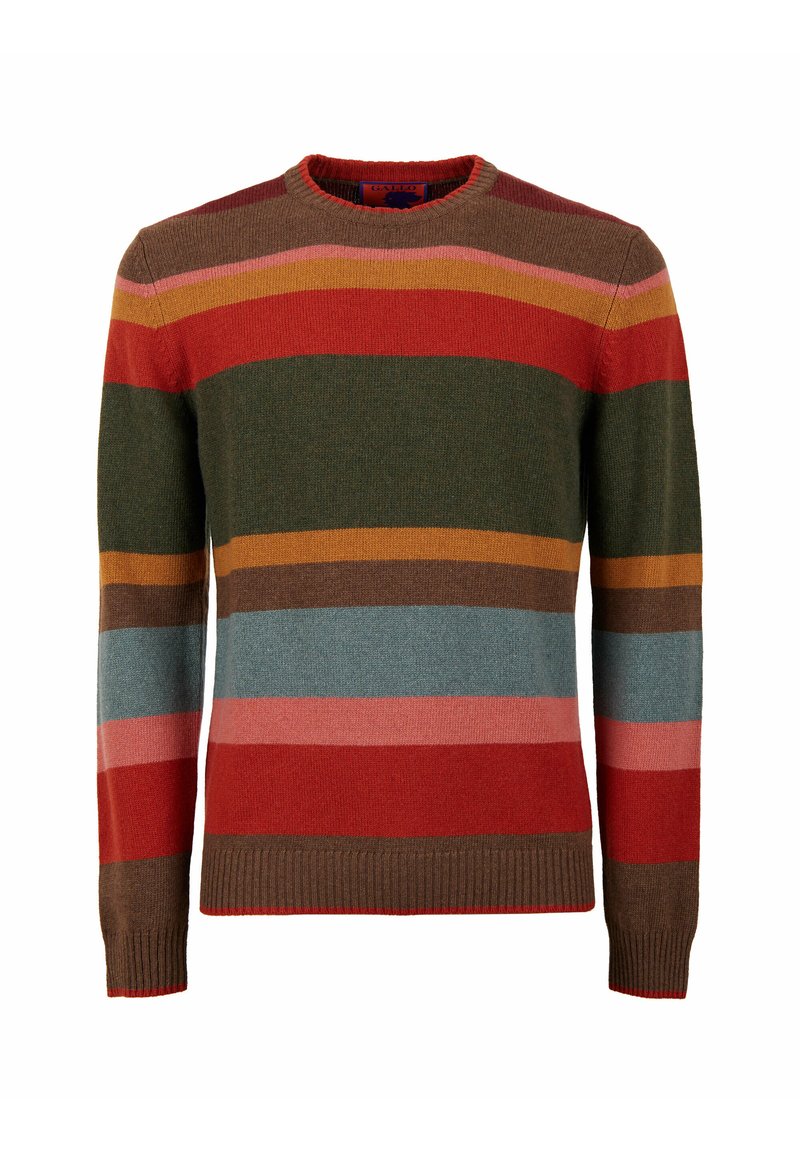 Maglione a righe multicolori con tonalità di rosso, verde, blu, rosa e marrone, realizzato in morbido materiale a maglia, con scollatura rotonda e polsini a costine.