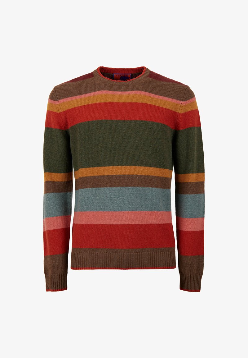 Gestreifter Pullover in mehreren Farben mit roten, grünen, blauen, rosa und braunen Tönen, aus weichem Strickmaterial mit Rundhalsausschnitt und gerippten Bündchen.