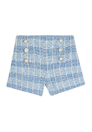 Pantalones cortos texturizados en azul y blanco tejidos, con cuatro botones perlados en la cintura, corte entallado y dobladillo limpio.