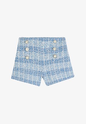 Vævede blå og hvide teksturerede shorts med fire perle-lignende knapper i taljen, med en skræddersyet pasform og ren afslutning.