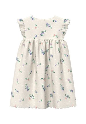 Robe beige clair avec des motifs floraux en violet et vert. Manches à volants et ourlet festonné. Confectionnée dans un tissu doux.