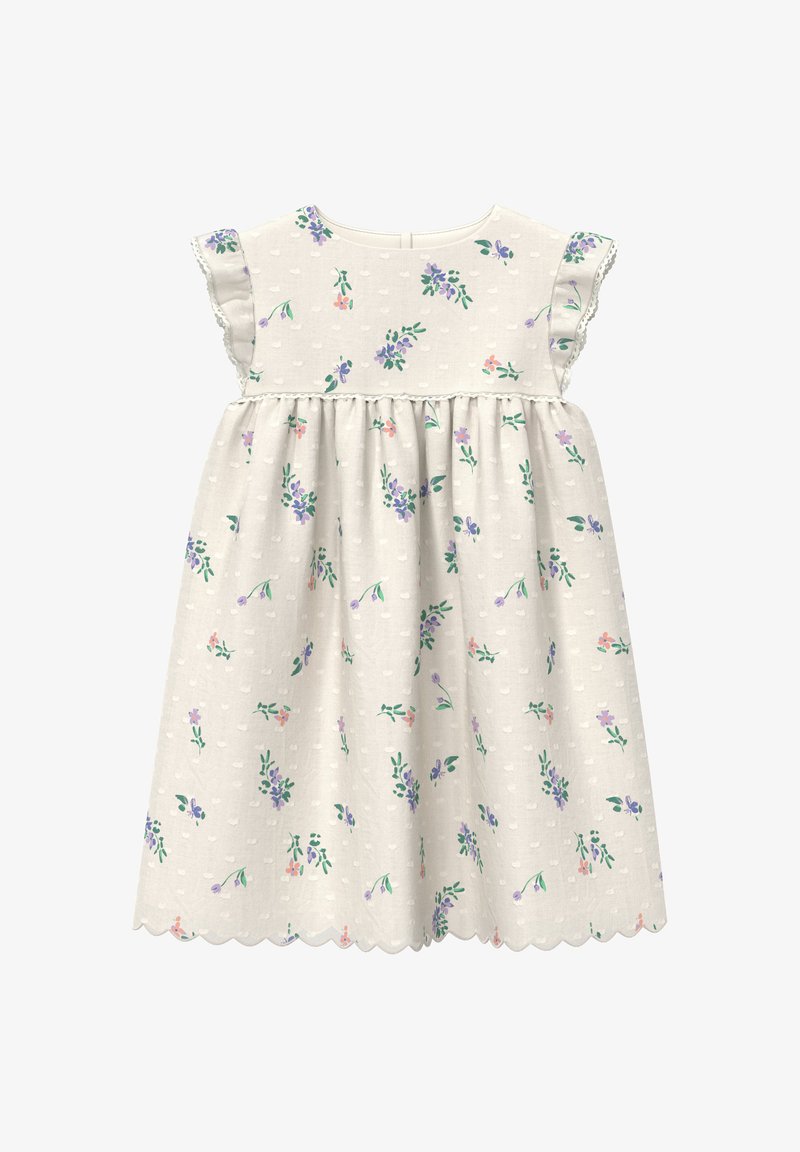 Robe beige clair avec des motifs floraux en violet et vert. Manches à volants et ourlet festonné. Confectionnée dans un tissu doux.