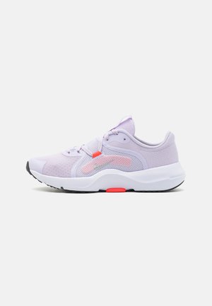Light purple athletic shoe with mesh upper, pink accents, and a white midsole. Features a rounded toe and textured outsole for traction.