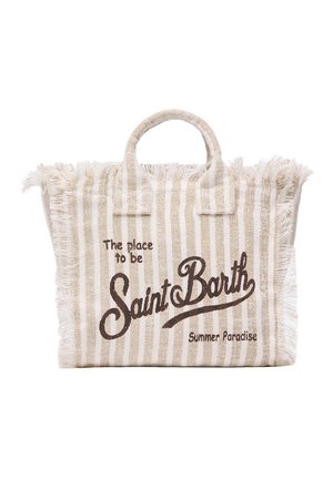 Borsa a secchiello a righe beige e bianche con bordi sfrangiati, manici corti e testo ricamato frontalmente "The place to be Saint Barth Summer Paradise".