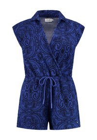 Mėlynas be rankovių rompers su paisley raštu, su apykakle ir elastinga juosmens juosta. Yra juosmens surišimo detalė ir minkšta tekstūra.