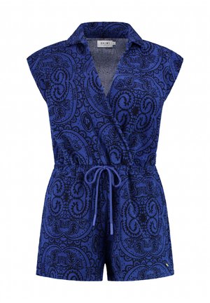 Bez piedurknēm, zils romperis ar paisley rakstu, ar apkakles dizainu un elastīgu jostasvietu. Iezīmēties ar sasiešanu jostasvietā un mīkstu faktūru.