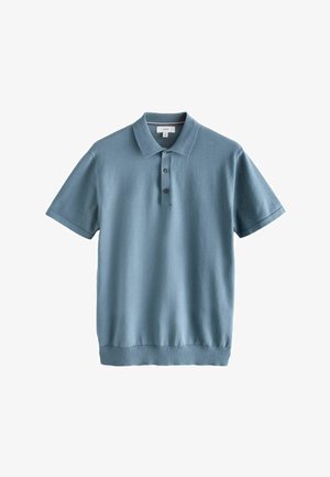 Polohemd aus hellblauem Stoff, mit Kragen, einer dreiknöpfigen Leiste, kurzen Ärmeln und einem gerippten Saum. Glatte Textur, lässiges Design.