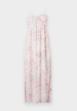 Vestido maxi em tecido leve e transparente. Apresenta um padrão floral em rosa, roxo e verde. Alças finas, decote coração e detalhes franzidos.