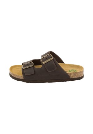 Brown slide sandal with two adjustable buckle straps and a cork footbed with suede lining.