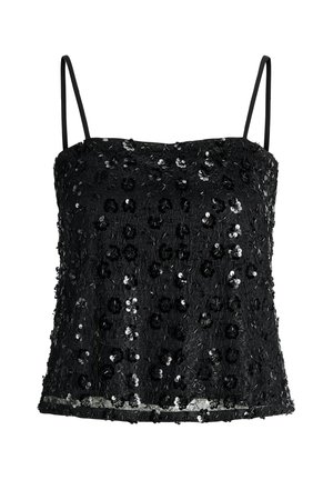 Black sequined camisole with thin shoulder straps. Features textured fabric with floral sequin patterns and a straight hem.