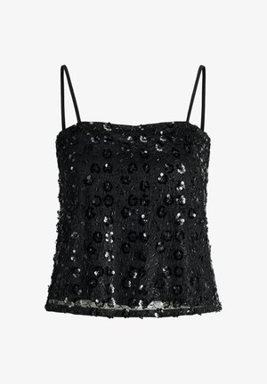 Svart paljettlinne med tunna axelband. Har texturerat tyg med blommiga paljettmönster och en rak fåll.