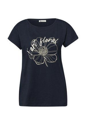 Granatowy damski T-shirt z krótkim rękawem, z białym szkicem dużego kwiatu i kursywym napisem „in floral” na wysokości klatki piersiowej.