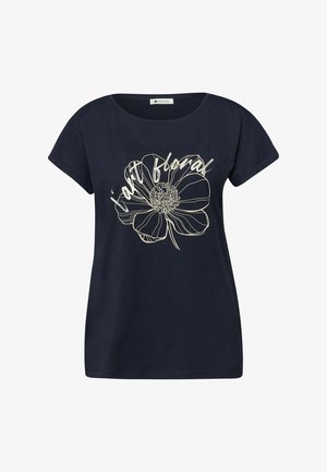 Camiseta de manga corta para mujer en azul marino con un boceto blanco de una flor grande y texto en cursiva "in floral" a lo largo del pecho.