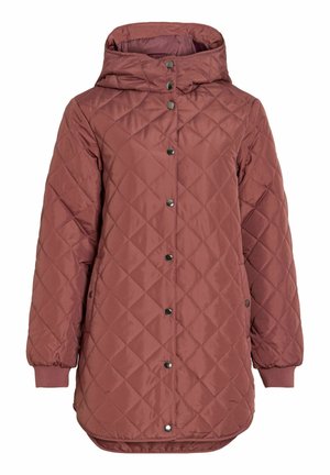 Lange gewatteerde jas met capuchon in bordeauxrood, met diamantpatronen, drukknoopsluiting aan de voorkant en elastische manchetten met een afgeronde zoom.